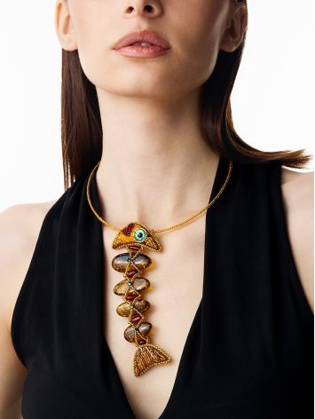 Unusual beaded necklace with natural amber and a fish pendant “Lukomorye”, Length: 40, image , picture 5