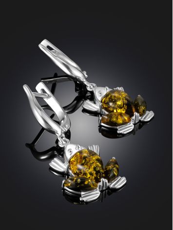 Charming dangling earrings “Frog” with green amber, image , picture 2