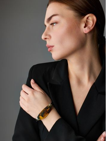 Stylish leather bracelet with natural amber “Silverstone”, Length: 18, image , picture 3