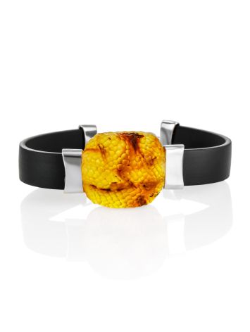 Striking bracelet with natural “rough-cut” amber on a rubber base “Silverstone”, image 