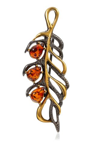 Feather Motif Brooch With Amber, image 