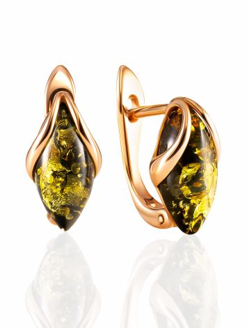 Short gold-plated “Snowdrop” earrings with green amber, image 