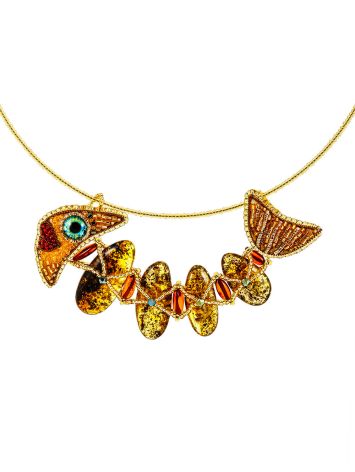 Unusual beaded necklace with natural amber and a fish pendant “Lukomorye”, Length: 40, image 