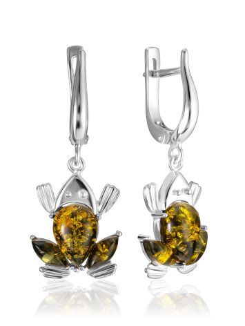 Charming dangling earrings “Frog” with green amber, image 