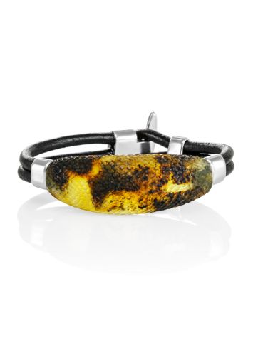 Stylish leather bracelet with natural amber “Silverstone”, image 