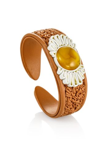 Cuff bracelet “Nefertiti” in a romantic design made of leather and amber, Length: 16, image , picture 3