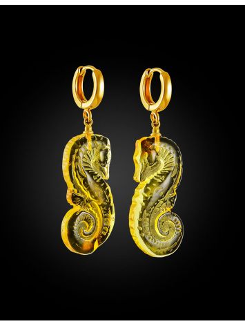 Original earrings with natural lemon-colored amber "Seahorse", image , picture 3