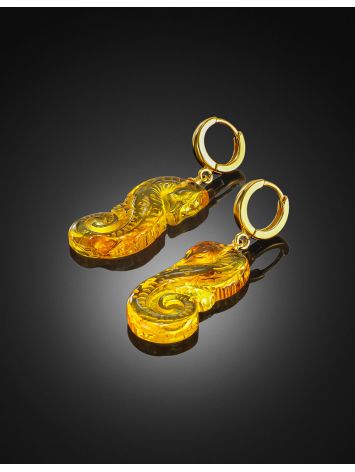 Original earrings with natural lemon-colored amber "Seahorse", image , picture 2