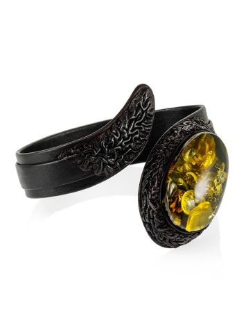 Stylish snake bracelet made of leather and natural green amber, image , picture 3