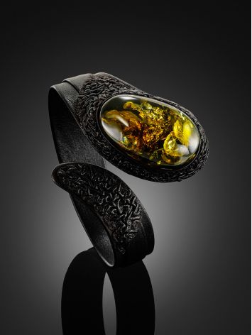 Stylish snake bracelet made of leather and natural green amber, image , picture 2