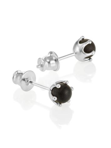 Miniature stud earrings with black amber "Princess", image , picture 4