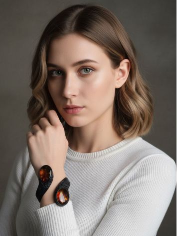 Жёсткий браслет «Змейка» из кожи с мерцающим вишнёвым янтарём, Length: 17, image , picture 4