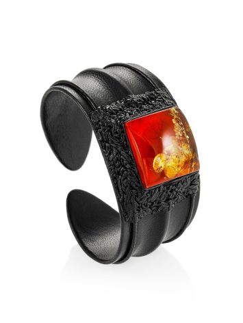 "Nefertiti" bracelet made of black leather with sparkling cherry amber, Length: 15.5, image , picture 3