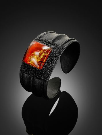 "Nefertiti" bracelet made of black leather with sparkling cherry amber, Length: 15.5, image , picture 2