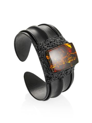 Luxurious "Nefertiti" bracelet made of black leather and natural amber, Length: 15.5, image , picture 3