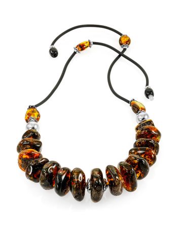 Stylish "Large washers" necklace made of natural dark amber on silicone cord, Length: 51, image , picture 3
