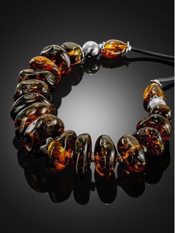 Stylish "Large washers" necklace made of natural dark amber on silicone cord, Length: 51, image , picture 2