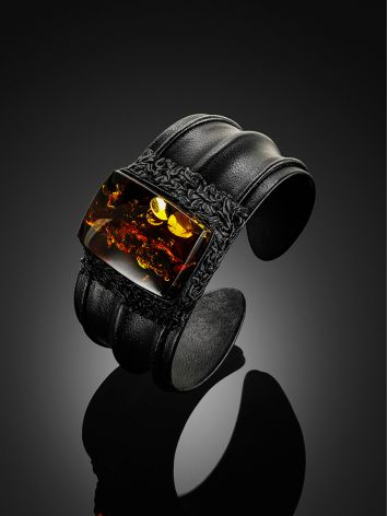 Luxurious "Nefertiti" bracelet made of black leather and natural amber, Length: 15.5, image , picture 2