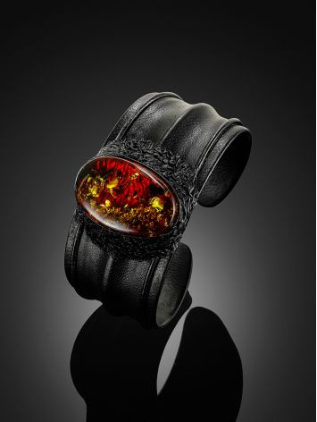 Safari-style bracelet made of leather and natural amber "Nefertiti", Length: 16, image , picture 2