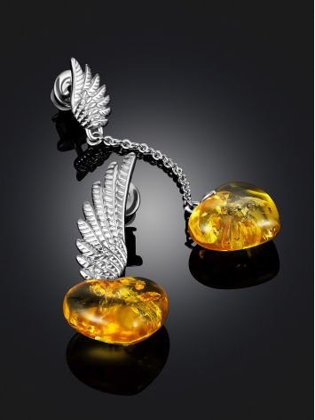 Cute Amber Heart Asymmetric Earrings With Wings, image , picture 2