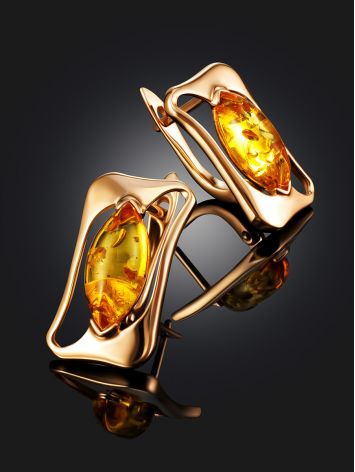 Gold-Plated "Amplitude" Earrings with Bright Lemon Amber, image , picture 2