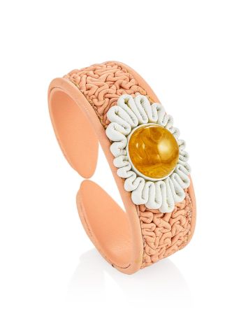 Bracelet on rigid pink leather base with natural amber "Nefertiti", Length: 16, image , picture 3
