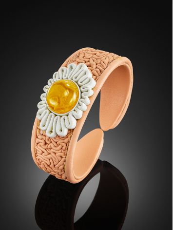 Bracelet on rigid pink leather base with natural amber "Nefertiti", Length: 16, image , picture 2