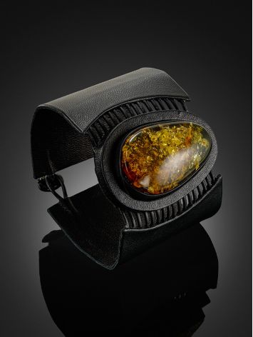 Striking bracelet made of genuine leather and sparkling green amber “Amazon”, Length: 18, image , picture 2