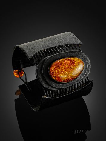 Striking leather cuff bracelet with a solid sparkling amber “Amazon”, Length: 19, image , picture 2