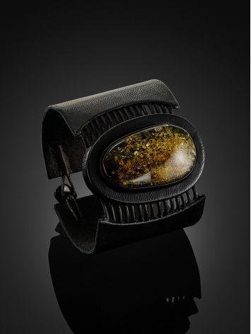 Cuff bracelet made of genuine leather and green amber “Amazon”, Length: 16, image , picture 2