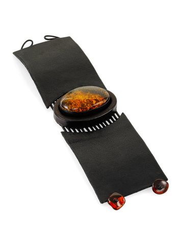 Wide leather bracelet with oval natural sparkling amber insert "Amazon", Length: 17, image , picture 3