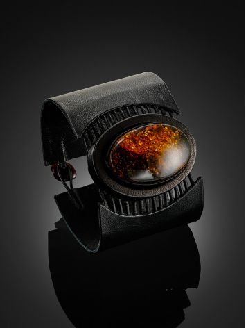 Wide leather bracelet with oval natural sparkling amber insert "Amazon", Length: 17, image , picture 2