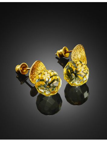 Gold-plated "Baccarat" stud earrings with faceted amber ball pendants, image , picture 2