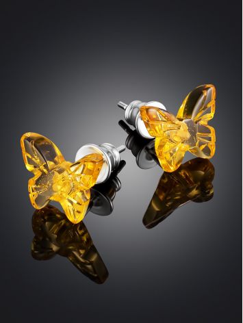 Dainty butterfly stud earrings featuring natural lemon amber, image , picture 2