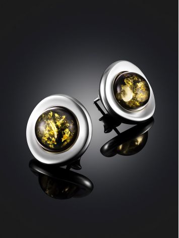 Fashionable Round Stud Earrings With Green Amber, image , picture 2