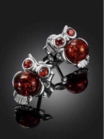 Miniature "Owl" Stud Earrings with Amber and Crystals, image , picture 2