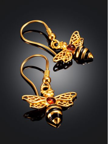 Bright Gold-Plated Hook Earrings with Amber "Winnie the Pooh", Length: 3.3, image , picture 2