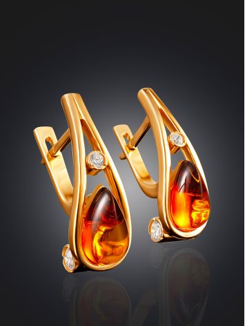 Elegant "Hermia" Earrings with Cognac Amber and Crystals, image , picture 2