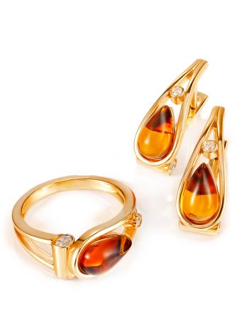 Elegant "Hermia" Earrings with Cognac Amber and Crystals, image , picture 4
