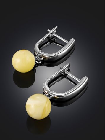 Elegant dangle earrings with polished natural amber spheres, image , picture 2