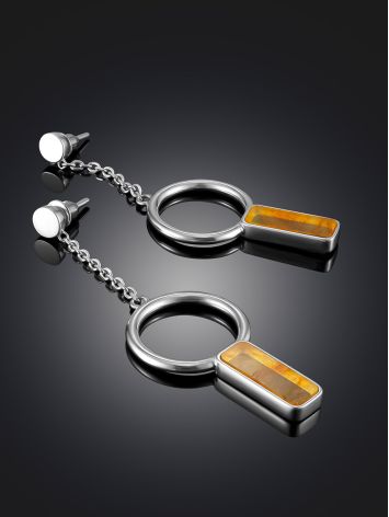 Stylish elongated stud earrings with lemon amber "London", image , picture 2