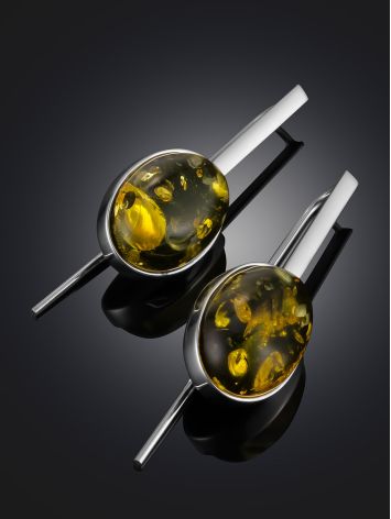 Bright Goji earrings on hooks with shimmering deep green amber, image , picture 2