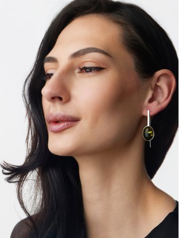 Bright Goji earrings on hooks with shimmering deep green amber, image , picture 3