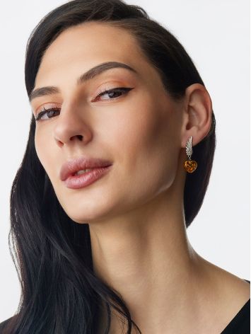 Cute Amber Heart Asymmetric Earrings With Wings, image , picture 3
