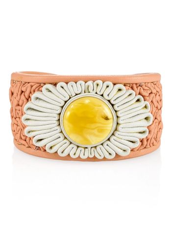 Bracelet made of pink leather with honey amber insert "Nefertiti", Length: 15, image 