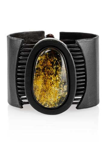 Cuff bracelet made of genuine leather and green amber “Amazon”, Length: 16, image 