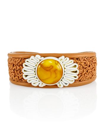 Cuff bracelet “Nefertiti” in a romantic design made of leather and amber, Length: 16, image 