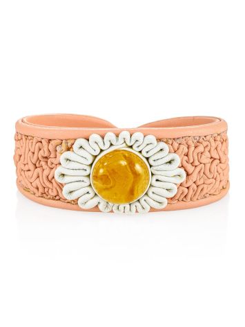 Bracelet on rigid pink leather base with natural amber "Nefertiti", Length: 16, image 