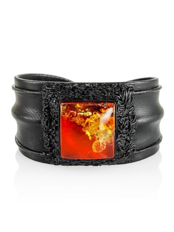 "Nefertiti" bracelet made of black leather with sparkling cherry amber, Length: 15.5, image 