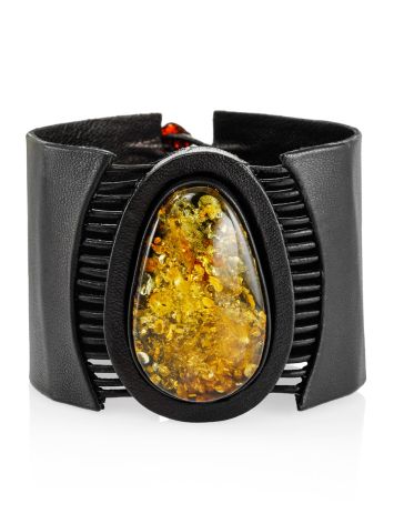 Striking bracelet made of genuine leather and sparkling green amber “Amazon”, Length: 18, image 